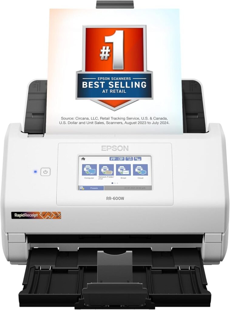 Epson RapidReceipt RR-600W Wireless Desktop Color 2-Sided Receipt  Document Scanner with ScanSmart AI PRO Receipt Management  PDF Software for PC  Mac, Touchscreen  100-Page Auto Document Feeder