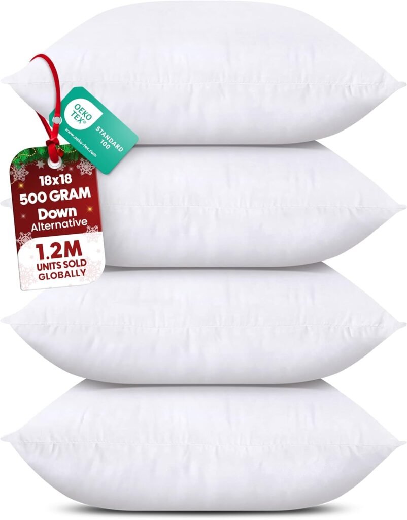 Utopia Bedding Throw Pillows (Set of 4, White) – 18 x 18 Inches Down Alternative Pillows for Bed, Sofa, and Couch - Fluffy Decorative Stuffer Pillow for Indoors  Outdoors