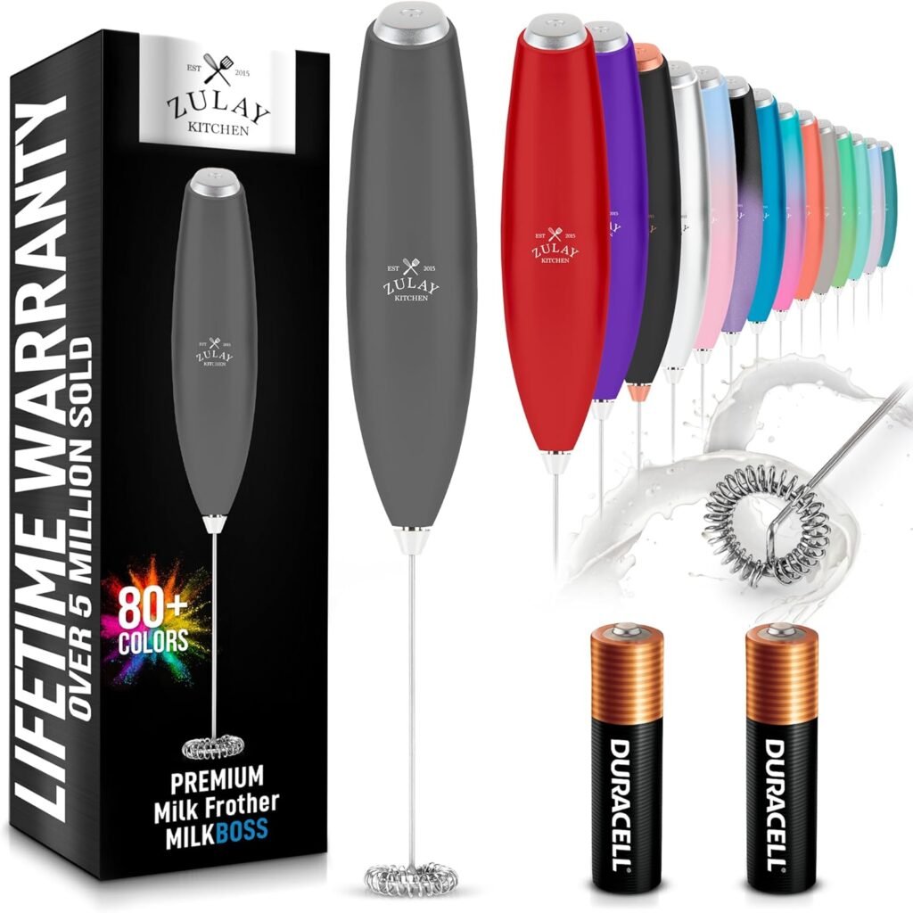 Zulay Kitchen Powerful Milk Frother Wand With 2 Duracell Batteries - Ultra Fast Handheld Drink Mixer - Electric Whisk Foam Maker for Coffee, Lattes, Cappuccino, Matcha, Hot Chocolate  Creamer - Black