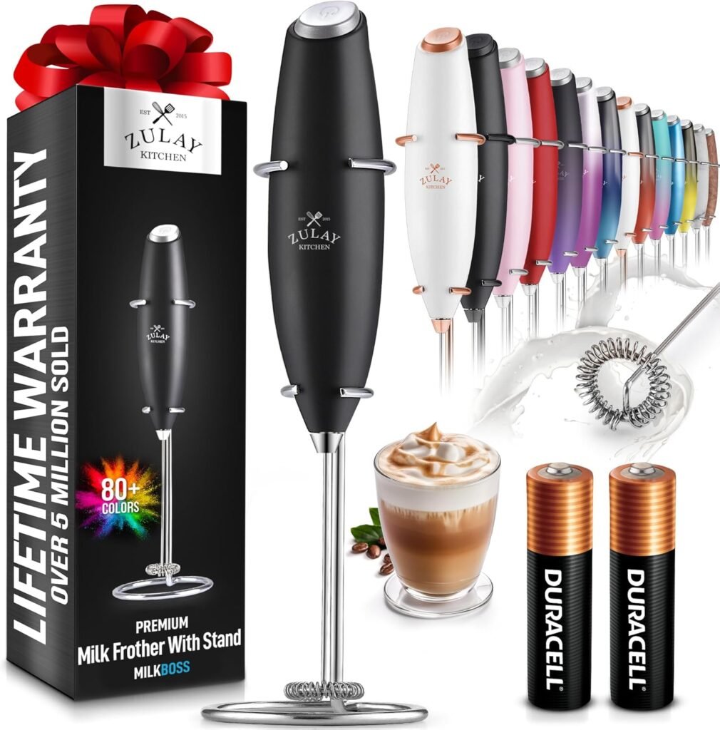 Zulay Kitchen Powerful Milk Frother Wand With 2 Duracell Batteries - Ultra Fast Handheld Drink Mixer - Electric Whisk Foam Maker for Coffee, Lattes, Cappuccino, Matcha, Hot Chocolate  Creamer - Black